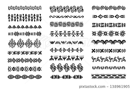 African tribal borders and patterns, ethnic ornamental trim and horizontal ribbon dividers with arrows, spirals and geometric motifs, black hand drawn vector border collection African tribal borders and patterns, ethnic ornamental trim and horizontal ribbon dividers with arrows, spirals and geometric motifs, black hand drawn vector border collection 138961905