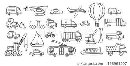 Transport doodle vector set with car, truck, van, bus, taxi, police, ambulance, helicopter, airplane, balloon, bicycle, scooter, boat and construction vehicles outline icons Transport doodle vector set with car, truck, van, bus, taxi, police, ambulance, helicopter, airplane, balloon, bicycle, scooter, boat and construction vehicles outline icons 138961907