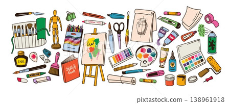 Art supplies tools colorful set for artist painting and drawing, vector hand drawn brushes, easel, palette, sketchbook, paint tubes, ink bottle, pencils, scissors and roller Art supplies tools colorful set for artist painting and drawing, vector hand drawn brushes, easel, palette, sketchbook, paint tubes, ink bottle, pencils, scissors and roller 138961918