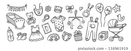 Baby shower doodle icons with newborn girl and boy, cute nursery items, teddy bear, rabbit, cradle, stroller, bottle, socks, dress, bib, balloons and toys, vector outline set Baby shower doodle icons with newborn girl and boy, cute nursery items, teddy bear, rabbit, cradle, stroller, bottle, socks, dress, bib, balloons and toys, vector outline set 138961919