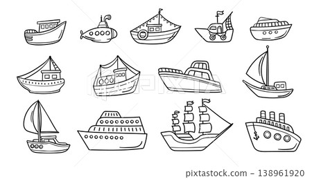Ship vessel doodle set with yacht, sailboat, submarine, steamer and liner, hand drawn marine transport collection of boats and ships, monochrome vector outline for nautical travel and sea navigation Ship vessel doodle set with yacht, sailboat, submarine, steamer and liner, hand drawn marine transport collection of boats and ships, monochrome vector outline for nautical travel and sea navigation 138961920