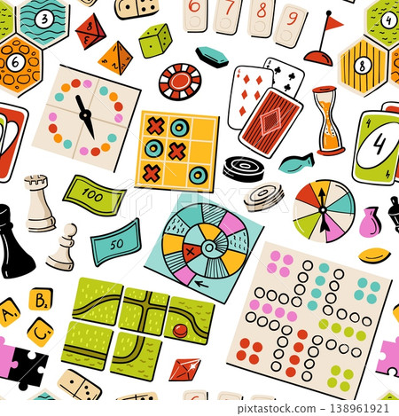 Board game seamless pattern with colorful cartoon tabletop pieces, cards, dice, domino, spinner, chess pawn, tic tac toe, snake ladder, ludo and bingo, vector repeating background 138961921