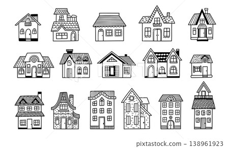 House home doodle buildings and cottages, cute residential architecture with facade, windows, doors, roofs, chimneys and balconies, hand drawn black and white vector set of homes and villas House home doodle buildings and cottages, cute residential architecture with facade, windows, doors, roofs, chimneys and balconies, hand drawn black and white vector set of homes and villas 138961923