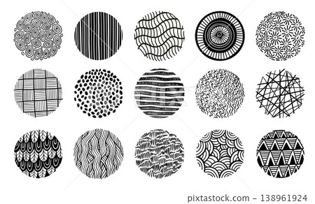 Pattern texture circle doodle patterns with circular geometric ornamental motifs, hand drawn abstract round elements, stripes, lines, dots, waves and mosaic in black monochrome vector Pattern texture circle doodle patterns with circular geometric ornamental motifs, hand drawn abstract round elements, stripes, lines, dots, waves and mosaic in black monochrome vector 138961924