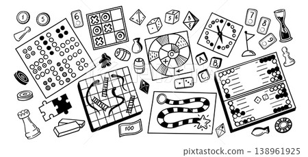Board game doodle vector set with tabletop strategy and family leisure games, dice, chips, pawn, domino, puzzle, tic tac toe, snake and ladder, spinner, hourglass and backgammon outline Board game doodle vector set with tabletop strategy and family leisure games, dice, chips, pawn, domino, puzzle, tic tac toe, snake and ladder, spinner, hourglass and backgammon outline 138961925