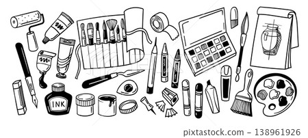 Art tools doodle supplies for painting drawing and sketching, artist studio brushes palette pencil crayon marker pen fountain ink bottle tube roller knife sharpener, black and white vector outline 138961926