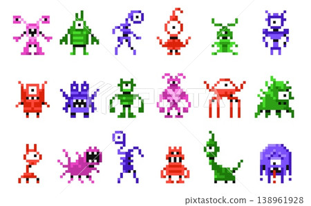 Monster pixel art. 8 bit arcade retro game character, space alien pixel Halloween mascot. 80s video game animal, galaxy invader enemy, cosmic virus creature. Cute fantasy pixelated robot. Vector set Monster pixel art. 8 bit arcade retro game character, space alien pixel Halloween mascot. 80s video game animal, galaxy invader enemy, cosmic virus creature. Cute fantasy pixelated robot. Vector set 138961928