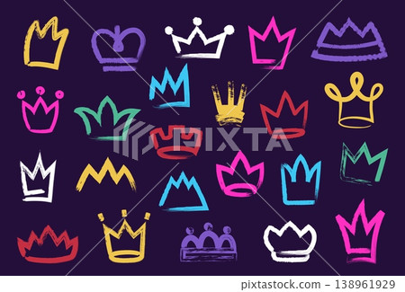 Crown doodle color paint. Freehand graffiti tiara, abstract grunge ink princess, queen and king, prince distressed stroke classic crowns royalty symbol. Premium award prize emblem. Vector isolated set 138961929