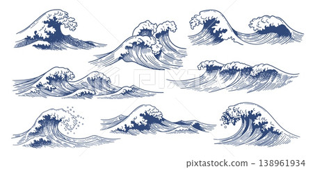 Sketch sea waves. Ocean blue water surfing wave vintage hand drawn, foam and storm splashes doodle, nautical outline in ukiyoe Japanese engraving style. Maritime retro tattoo vector isolated set 138961934