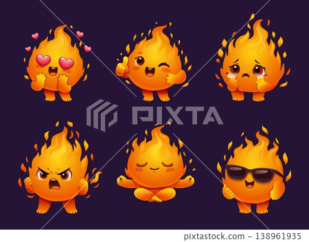 Fire mascot. Cute cartoon flame character with funny face, cheerful blaze kawaii emoji, thumbs up, love and happy, meditation expression. Power, burning and energy, heat vector isolated emoticon 138961935