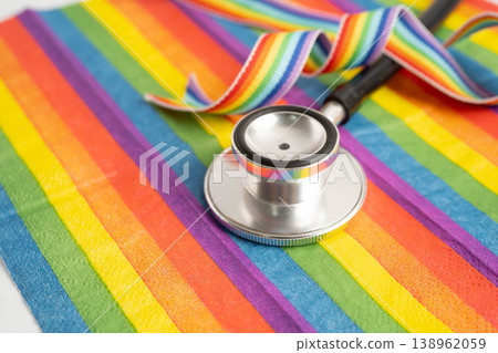 Stethoscope on LGBT rainbow flag, pride month celebrate annual in June social, symbol of gay, lesbian, bisexual, transgender. Stethoscope on LGBT rainbow flag, pride month celebrate annual in June social, symbol of gay, lesbian, bisexual, transgender. 138962059