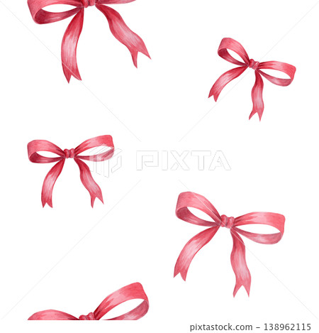 Seamless minimal watercolor pattern with red ribbon bow in airy scattered layout. Hand painted simple festive element with soft edges and organic spacing, modern clean design for wrapping paper Seamless minimal watercolor pattern with red ribbon bow in airy scattered layout. Hand painted simple festive element with soft edges and organic spacing, modern clean design for wrapping paper 138962115