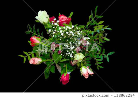 Beautiful flower bouquet with roses and gypsophila isolated on transparent background. Top view of spring floral arrangement, wedding and holiday gift concept. Beautiful flower bouquet with roses and gypsophila isolated on transparent background. Top view of spring floral arrangement, wedding and holiday gift concept. 138962284