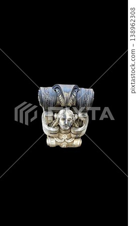 Classical stone mascaron sculpture isolated on transparent background. Architectural decorative face element for building facade. 138962308