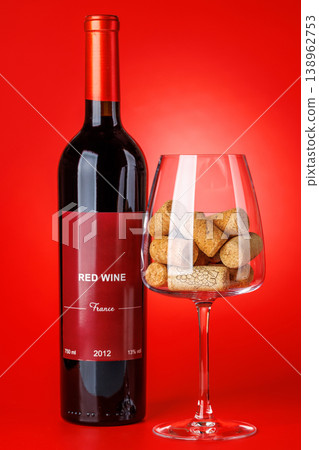 Red wine bottle mockup on red background Red wine bottle mockup on red background 138962753