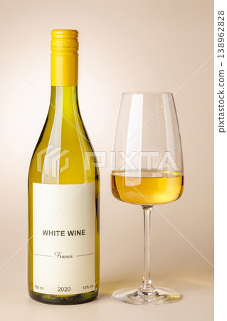 White wine bottle mockup with glass 138962828