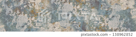 Weathered concrete wall texture with teal paint and rustic golden brown patches, industrial grung 138962852