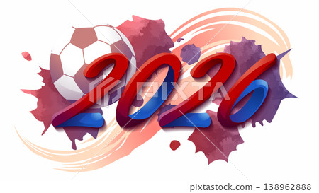 Football vector background with soccer ball and stylish 2026 typography in usa national colors. Abstract red and blue watercolor splashes on white background for tournament posters. Football vector background with soccer ball and stylish 2026 typography in usa national colors. Abstract red and blue watercolor splashes on white background for tournament posters. 138962888