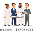 Businessmen Middle Eastern Western handshake agreement discussion table collaboration vector illustration. Diverse multicultural men formal attire professional meeting negotiation successful 138962934
