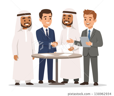 Businessmen Middle Eastern Western handshake agreement discussion table collaboration vector illustration. Diverse multicultural men formal attire professional meeting negotiation successful 138962934