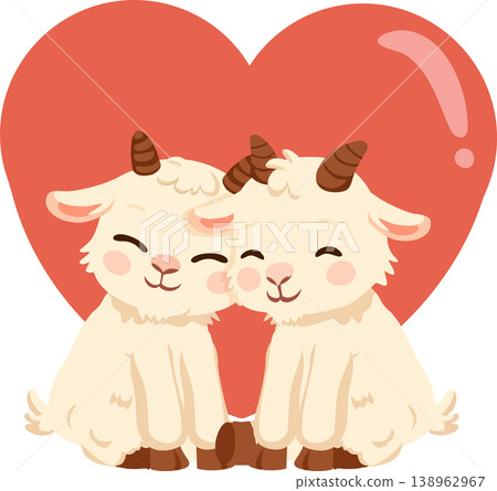 kawaii style baby goats sitting together with a heart shape behind them 138962967