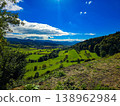 Panoramic view of a small town in a lush green valley at the foot of blue mountains. 138962984