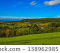 Panoramic view of a small town in a lush green valley at the foot of blue mountains. 138962985