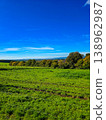 Panoramic view of a small town in a lush green valley at the foot of blue mountains. 138962987