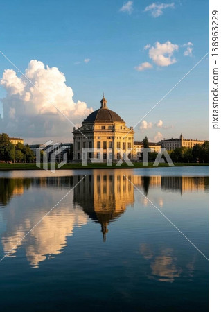 The reflection of buildings on the tranquil lake shore; cultural landmarks in the city park. The reflection of buildings on the tranquil lake shore; cultural landmarks in the city park. 138963229