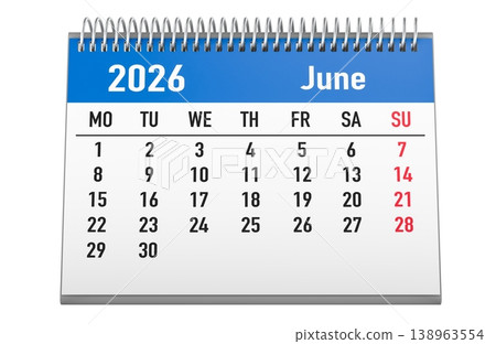 June 2026 desk calendar page. 3d rendering June 2026 desk calendar page. 3d rendering 138963554