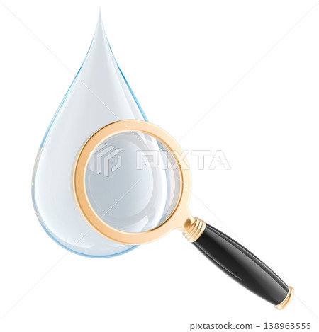 Magnifying glass over water drop. Water quality inspection, purity testing and liquid analysis concept. 3d rendering Magnifying glass over water drop. Water quality inspection, purity testing and liquid analysis concept. 3d rendering 138963555