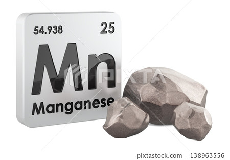 Manganese chemical element sign Mn with Manganese metal rocks, 3d rendering 138963556