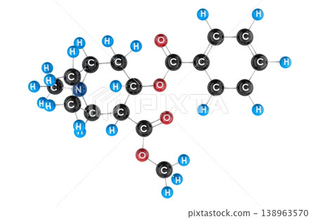 Cocaine molecule model with labeled atoms. 3D rendering 138963570