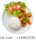 White plate rice salad chicken, lettuce, tomato, fried, meal 138963596