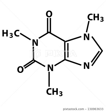 Caffeine molecular chemical formula icon. Caffeine chemical formula science sign. Chemical structure of Caffeine symbol. flat style. Caffeine molecular chemical formula icon. Caffeine chemical formula science sign. Chemical structure of Caffeine symbol. flat style. 138963633