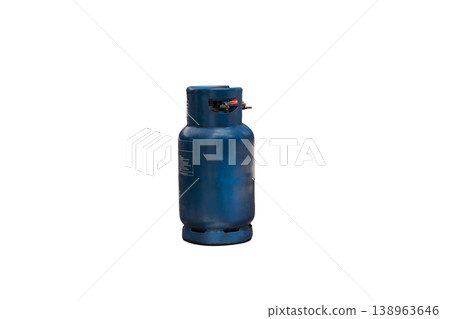Old blue LPG gas tank with lighters holder isolated on white background. Used for cooking and various industries. Old blue LPG gas tank with lighters holder isolated on white background. Used for cooking and various industries. 138963646