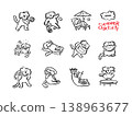 Imperfect hand drawn summer dogs doodle set. Sketchy blue ink puppy characters surfing, diving and floating on inflatables in loose line art on grid paper. Funky freehand animal vector illustration 138963677