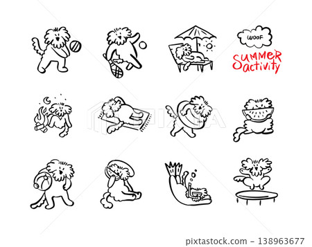 Imperfect hand drawn summer dogs doodle set. Sketchy blue ink puppy characters surfing, diving and floating on inflatables in loose line art on grid paper. Funky freehand animal vector illustration 138963677