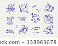 Imperfect blue pen dog doodles on grid notebook. Hand drawn summer activity set with sketchy puppy characters, lettering and simple line art icons. Relaxed freehand animal vector illustration 138963678