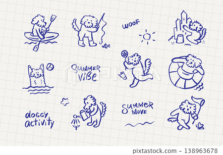 Imperfect blue pen dog doodles on grid notebook. Hand drawn summer activity set with sketchy puppy characters, lettering and simple line art icons. Relaxed freehand animal vector illustration Imperfect blue pen dog doodles on grid notebook. Hand drawn summer activity set with sketchy puppy characters, lettering and simple line art icons. Relaxed freehand animal vector illustration 138963678