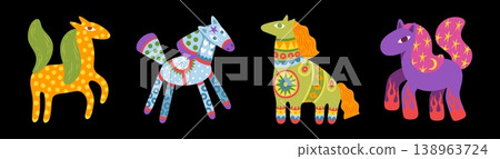 2026 horse. Happy chinese animal with ornamental design, funny china stickers for greeting card, calendar or alcohol party. Cartoon flat style isolated vector decorative collection 138963724