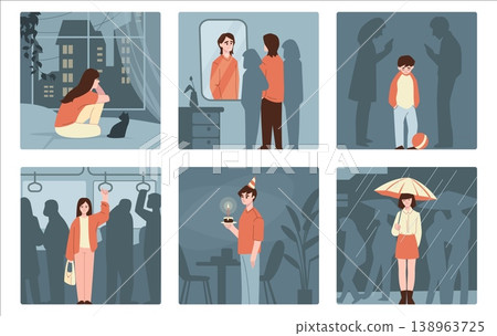Mental health. Sad teen girl alone, lonely fear person stress. Abuse or loneliness problem, woman emotions. Social isolation introvert people. Child support vector cartoon illustration Mental health. Sad teen girl alone, lonely fear person stress. Abuse or loneliness problem, woman emotions. Social isolation introvert people. Child support vector cartoon illustration 138963725