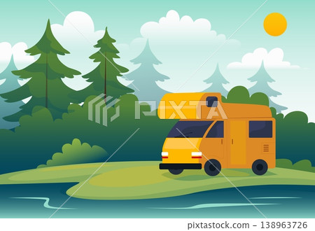 Caravan camper. Outdoor recreation on forest lake. Motorhome in forest. Road adventures, summer travel freedom in wild nature, transport for tourism. Vector cartoon isolated illustration Caravan camper. Outdoor recreation on forest lake. Motorhome in forest. Road adventures, summer travel freedom in wild nature, transport for tourism. Vector cartoon isolated illustration 138963726