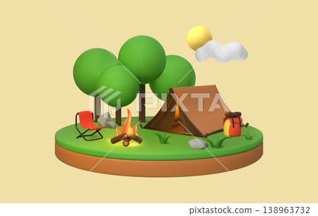 3d camp. Forest tree, tent and burning fire, cute bush garden or cloud tent for summer adventures. Plastic nature weekend, outdoor leisure. Vector render cartoon isolated illustration 3d camp. Forest tree, tent and burning fire, cute bush garden or cloud tent for summer adventures. Plastic nature weekend, outdoor leisure. Vector render cartoon isolated illustration 138963732