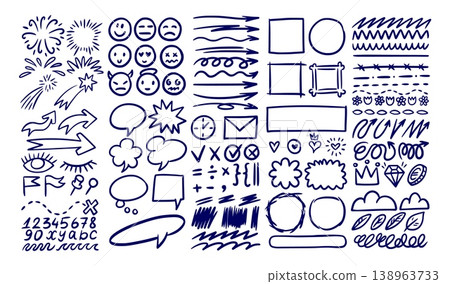 Line arrows. Hand drawn brush stroke, highlight marker star sketch or cute pencil marks, emphasis and clouds. Scribble emotion faces and pen marker frames. Vector isolated elements Line arrows. Hand drawn brush stroke, highlight marker star sketch or cute pencil marks, emphasis and clouds. Scribble emotion faces and pen marker frames. Vector isolated elements 138963733