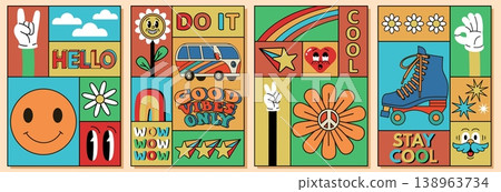 Retro cartoon posters. Good vibes. Hippie bus and chamomile pacific symbol. 60s smileys. Color groovy collage of square parts. Emoticon hand gesture. Sky rainbow. Vector funky cards set Retro cartoon posters. Good vibes. Hippie bus and chamomile pacific symbol. 60s smileys. Color groovy collage of square parts. Emoticon hand gesture. Sky rainbow. Vector funky cards set 138963734