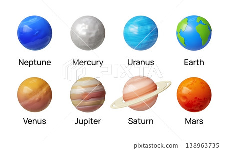 3D planet. Solar system with Mars, Jupiter and Mercury. Astronomy space. Star ring as clay sphere. Earth globe. Galaxy comet. Educational inscription. Vector render cosmic orbs set 3D planet. Solar system with Mars, Jupiter and Mercury. Astronomy space. Star ring as clay sphere. Earth globe. Galaxy comet. Educational inscription. Vector render cosmic orbs set 138963735