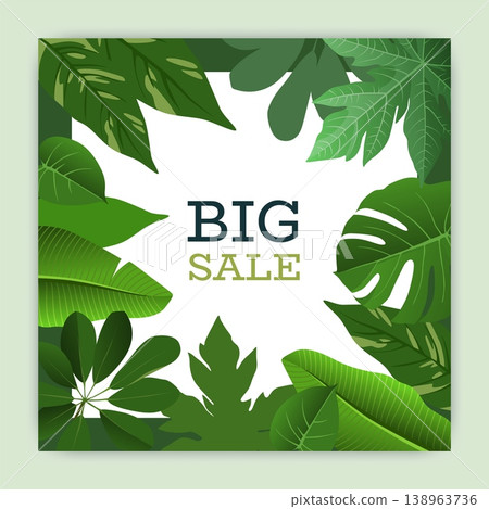 Big sale. Tropical leaves frame. Exotic jungle plants border for social media post, palm leaf square design advertising. Discount special offer. Seasonal vector isolated illustration template Big sale. Tropical leaves frame. Exotic jungle plants border for social media post, palm leaf square design advertising. Discount special offer. Seasonal vector isolated illustration template 138963736
