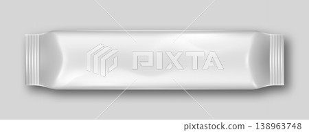 3D package. Snack pouch. Chocolate bar pack mockup. Plastic packet for wafer or biscuit. Realistic blank candy packaging. White wrapper. Isolated product container. Vector foil box object 138963748
