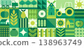 Agriculture concept. Geometric agro nature bio field background, abstract eco agronomy with floral leaf. Green flowers, organic plants icon mosaic, harvest symbols. Vector banner design 138963749